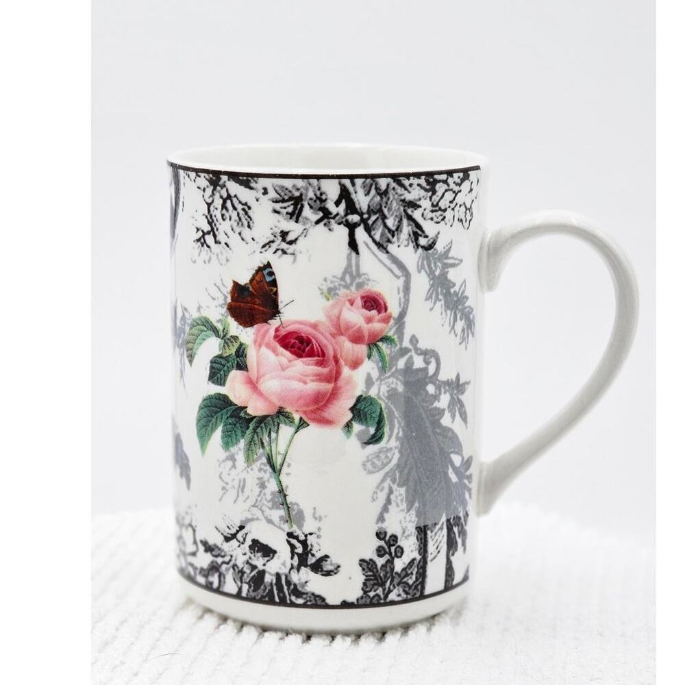American Atelier At Home Pink Rose Toile 5232 Porcelain Coffee Mug Cup Floral